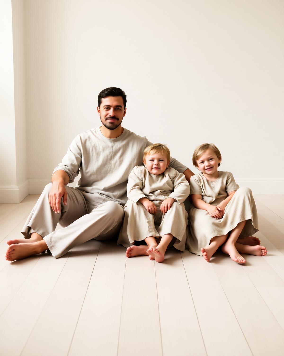 Family seated together in a bright studio