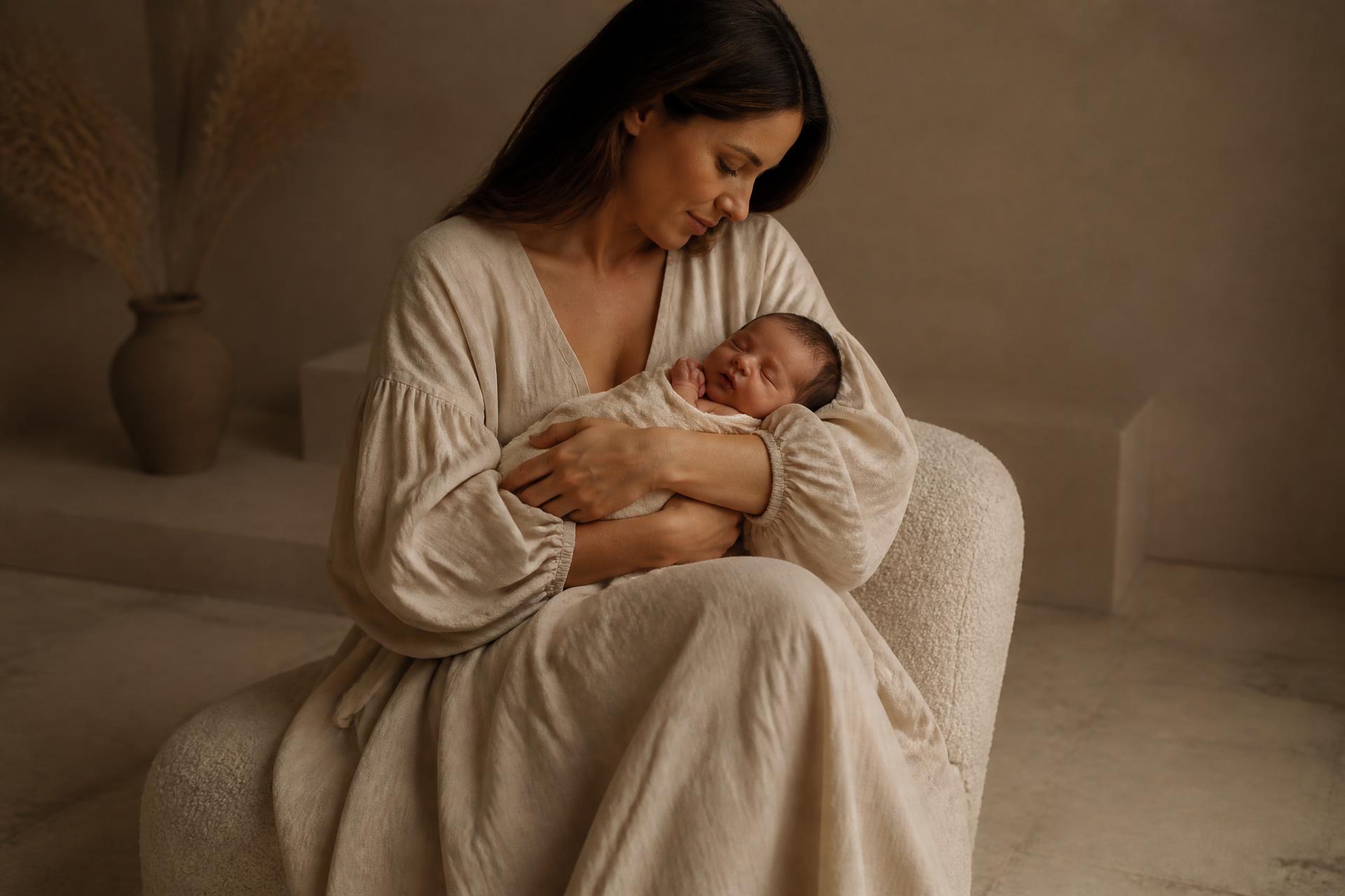 Mother cradling her sleeping newborn in a calm Dubai studio