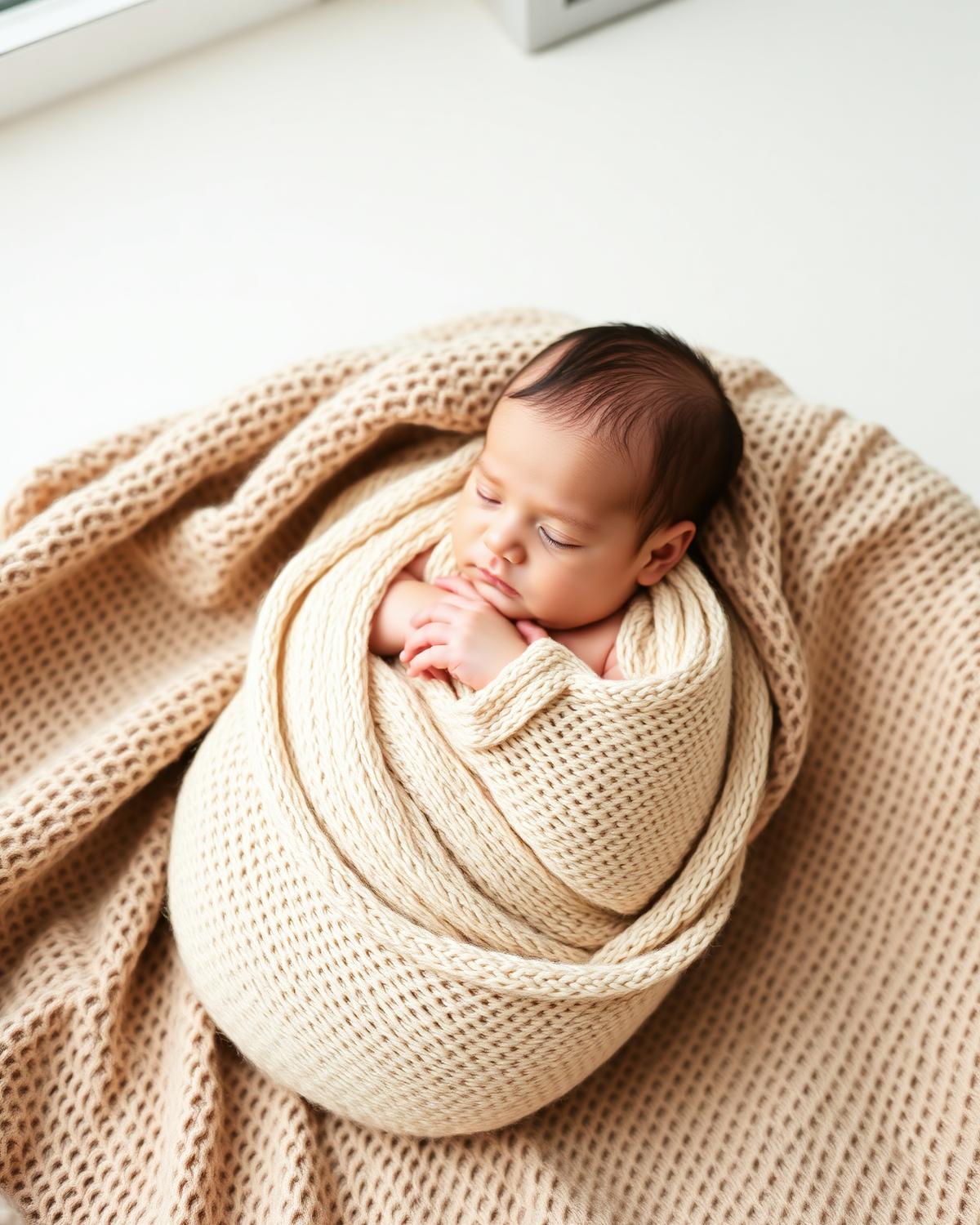 Newborn baby wrapped in cream knit