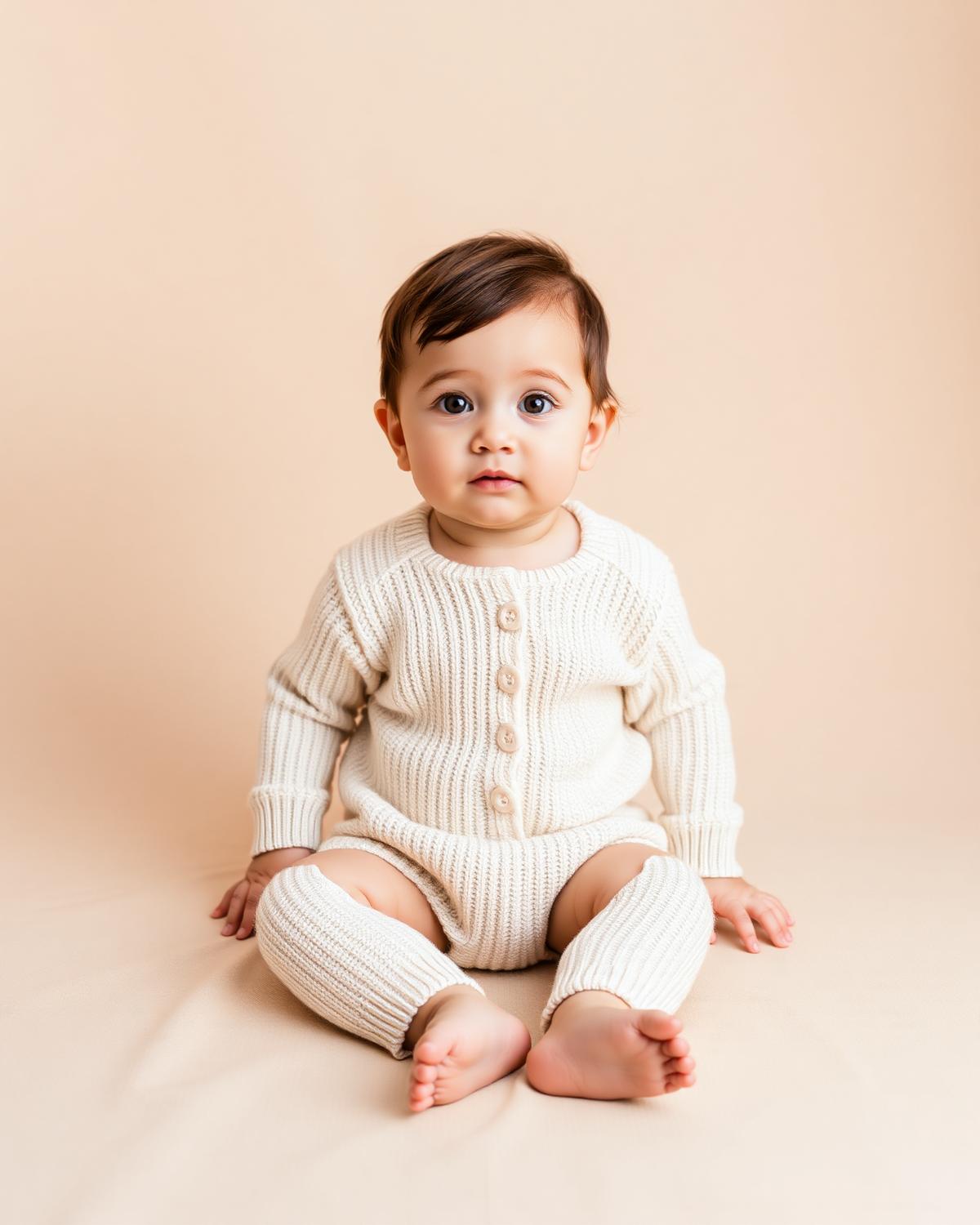 Seated baby in a cream knit romper